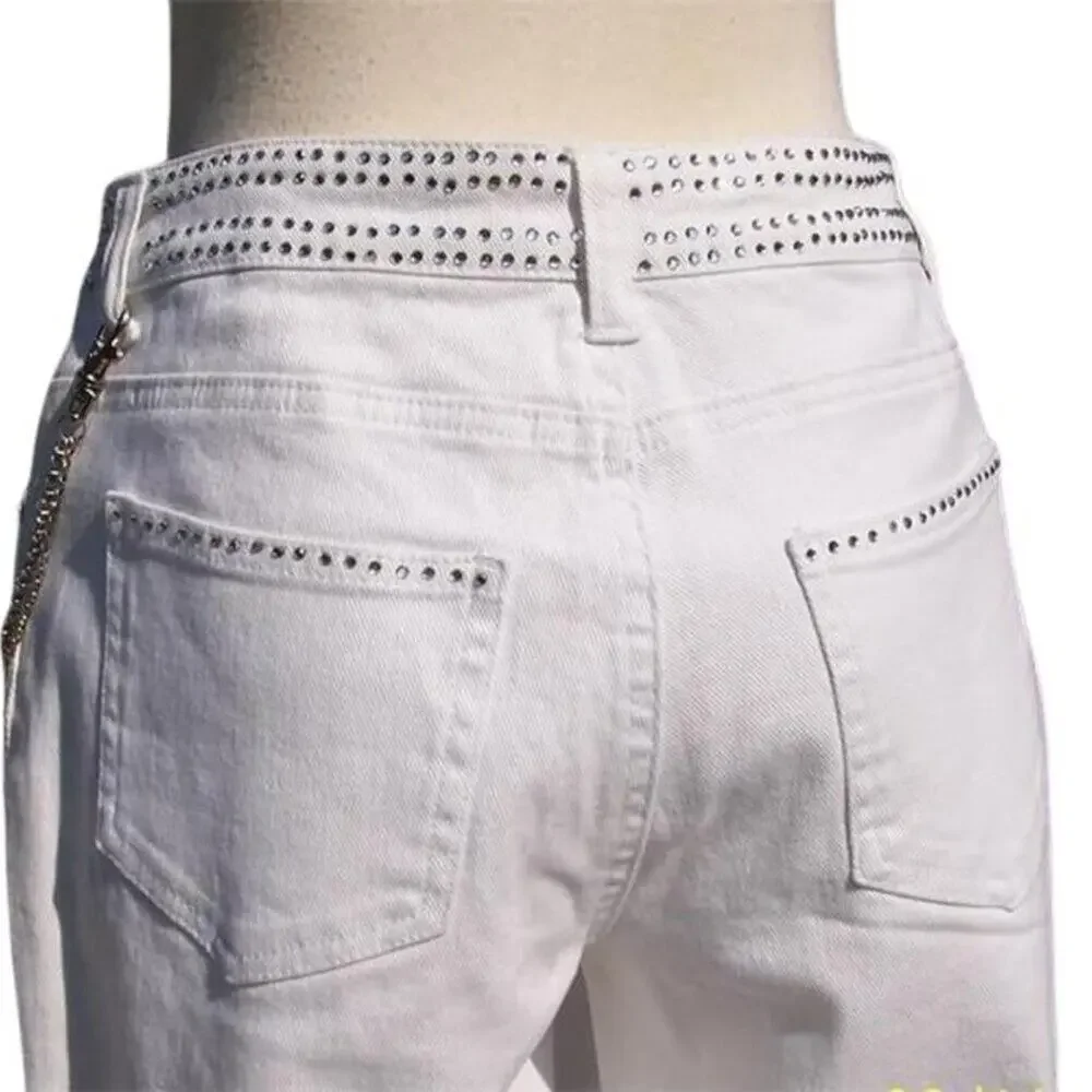 Cache White Denim Embellished Flare Jean Pant Rhinestone Chain Belt New $168 NWT - Picture 5 of 8